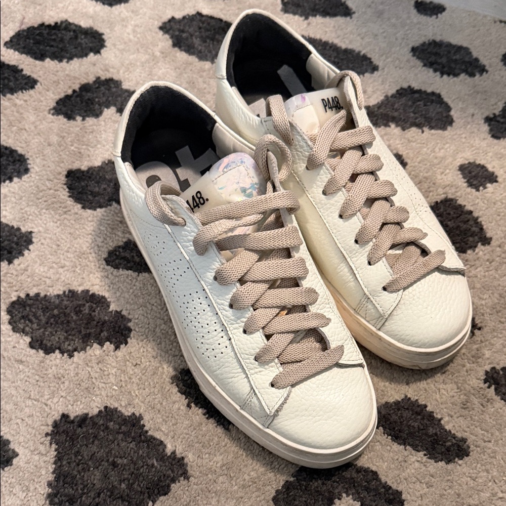 P448 Women's White and Tan Sneakers